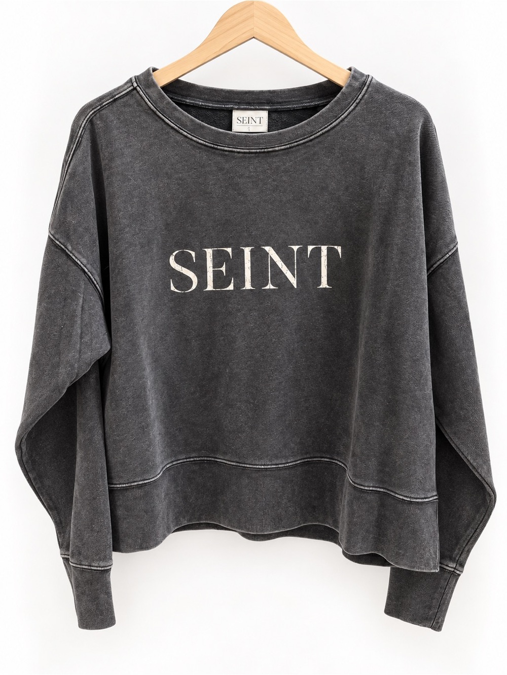 SEINT Women’s Large Cropped Crewneck Sweatshirt Charcoal Mineral Wash Oversized